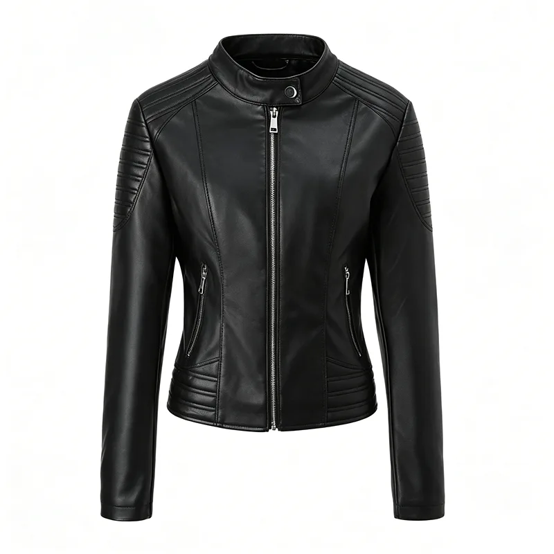 Washed Faux Leather Jacket with Stand Collar