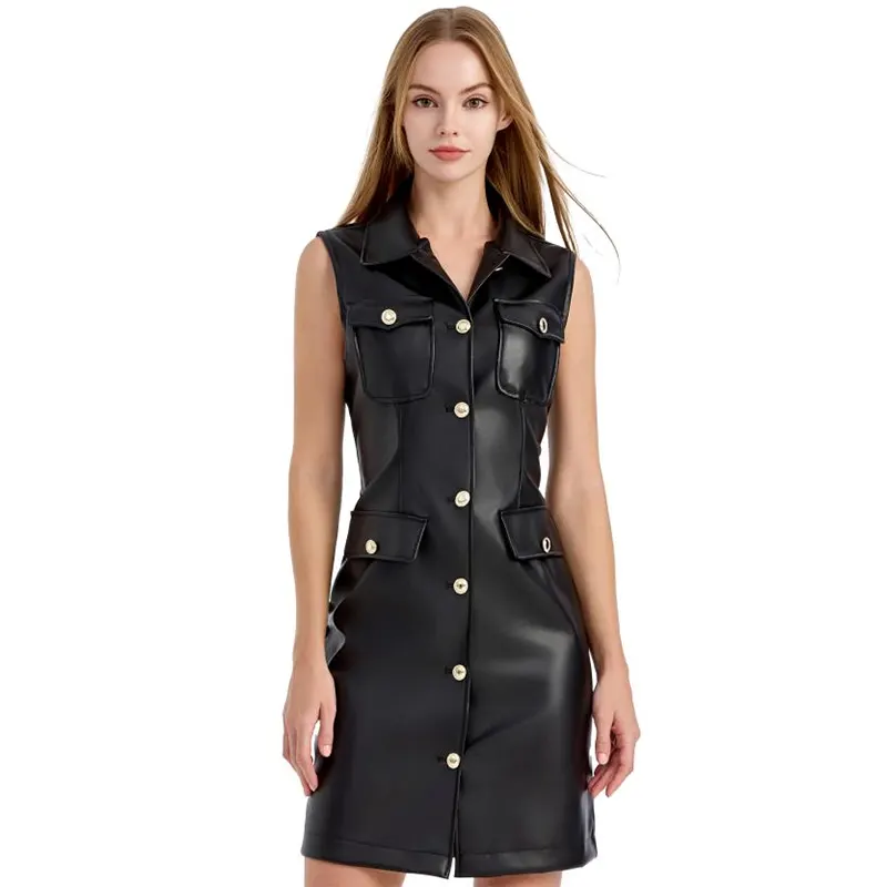 Buttoned PU Leather Midi Dress